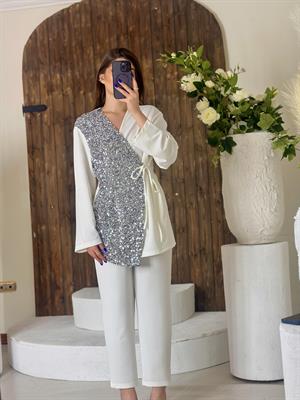 Crep Kumaş Payet Detaylı Kimano ve Rahat Pantolon İkili Takım Beyaz