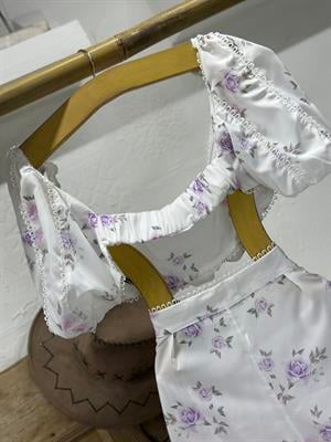 Crep Kumaş Sıra Güpürlü Şort Crop İkili Takım 