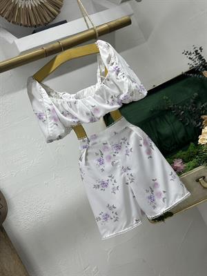 Crep Kumaş Sıra Güpürlü Şort Crop İkili Takım 