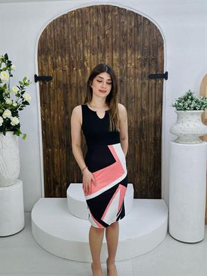 Dalgıç Kumaş Geometrik Desenli Tasarım Elbisemiz Pembe