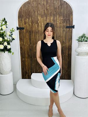 Dalgıç Kumaş Geometrik Desenli Tasarım Elbisemiz Mavi