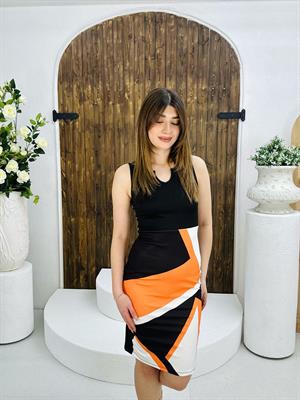 Dalgıç Kumaş Geometrik Desenli Tasarım Elbisemiz Turuncu