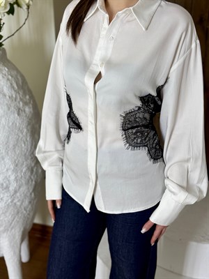 Dantel Detaylı Bel Bağlamalı Oversize Kalıp Tasarım Gömlek 