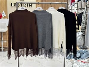 Dantel Detaylı Dik Yaka Oversize Triko Kazak  Kahverengi