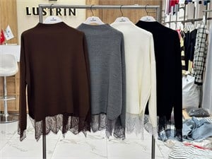 Dantel Detaylı Dik Yaka Oversize Triko Kazak  Kahverengi