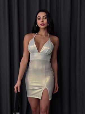 Derin V Yaka Boyundan Bağlamalı Tasarım Parlak Mini Elbise Gold