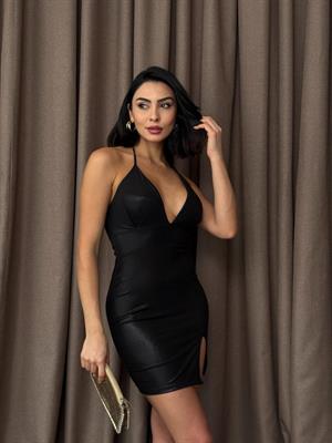 Derin V Yaka Boyundan Bağlamalı Tasarım Parlak Mini Elbise  Siyah