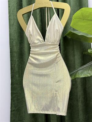 Derin V Yaka Boyundan Bağlamalı Tasarım Parlak Mini Elbise Gold