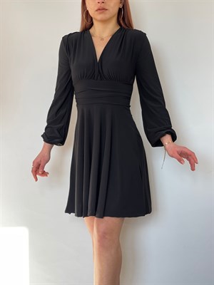 Derin V Yaka Dubble Kumaş Büzgü Detaylı Kloş Elbise