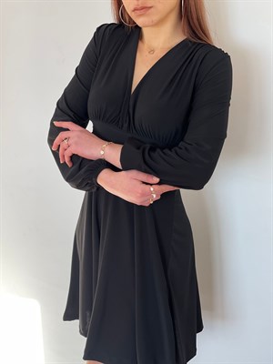 Derin V Yaka Dubble Kumaş Büzgü Detaylı Kloş Elbise
