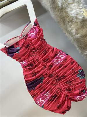 Dijital Micro Kumaş Drapeli Straplez Elbise 