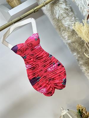 Dijital Micro Kumaş Drapeli Straplez Elbise 