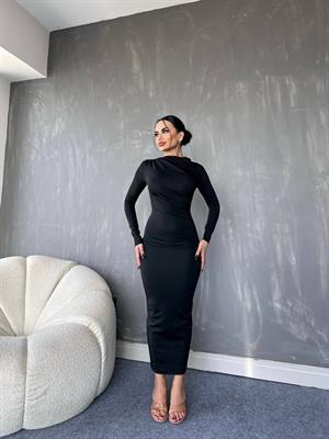 Dijital Scuba Kumaş Omuzdan Drapeli Uzun Elbise