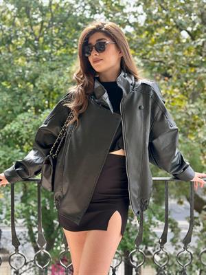 Dokulu Astarlı Dik Yaka Siyah Suni Deri Ceket