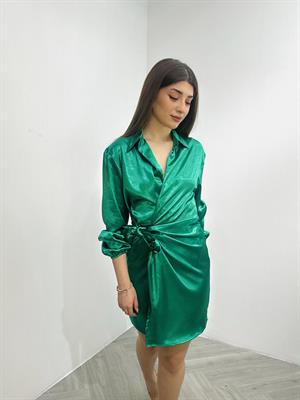 Dokulu İpek Saten Kumaş Gömlek Yaka Anvalop Tasarım Elbise