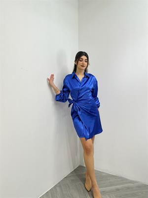 Dokulu İpek Saten Kumaş Gömlek Yaka Anvalop Tasarım Elbise