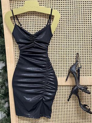 Drape Detaylı Askılı Tasarım Parlak Mini Elbise Siyah