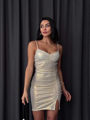 Drape Detaylı Askılı Tasarım Parlak Mini Elbise Gold