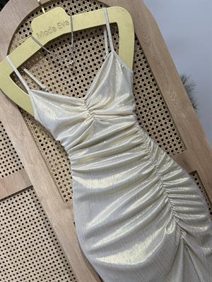 Drape Detaylı Askılı Tasarım Parlak Mini Elbise Gold