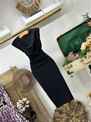 Dubble Kumaş Taş Dizayn Bel Detay Midi Boy Elbise