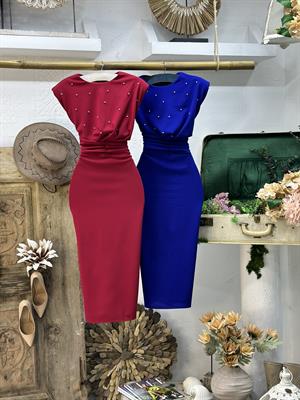 Dubble Kumaş Taş Dizayn Bel Detay Midi Boy Elbise