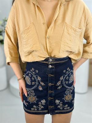 Düğme Detay Nakışlı Str Jean Etek