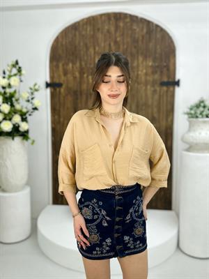 Düğme Detay Nakışlı Str Jean Etek