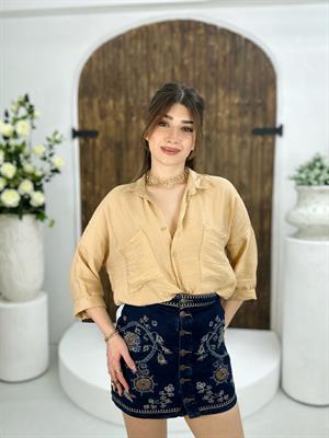 Düğme Detay Nakışlı Str Jean Etek