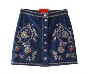 Düğme Detay Nakışlı Str Jean Etek