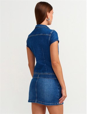 Düğmeli Eteği Kemer Detaylı Mini Jean Elbise