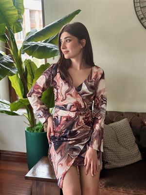 Ebruli Desen Etek Detaylı Modal Elbise 