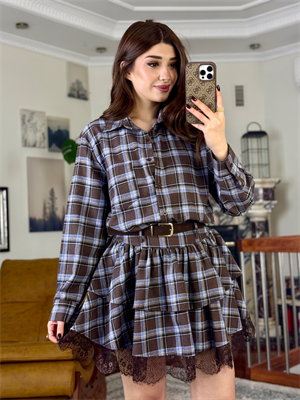 Ekose Desenli Dantel Detaylı Etek& Gömlek Kemer Dahil İkili Takım Mavi