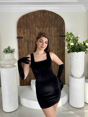 Eldivenli Kadife Mini Kare Yaka Elbise 