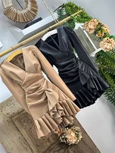 Eteği Volanlı V Yaka Tasarım Suni Deri Elbise