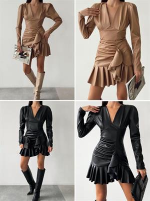 Eteği Volanlı V Yaka Tasarım Suni Deri Elbise