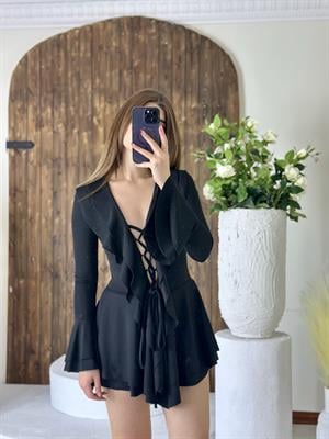 Fırfır Detay Scuba Kumaş Asimetrik Etekli Mini Tasarım Elbise Siyah