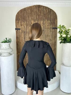 Fırfır Detay Scuba Kumaş Asimetrik Etekli Mini Tasarım Elbise Siyah