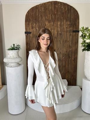 Fırfır Detay Scuba Kumaş Asimetrik Etekli Mini Tasarım Elbise Beyaz