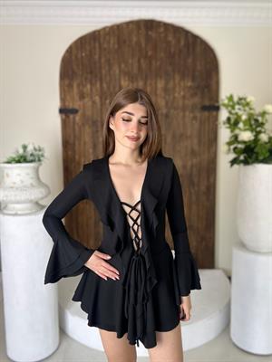 Fırfır Detay Scuba Kumaş Asimetrik Etekli Mini Tasarım Elbise Siyah