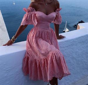 Fisto Kumaş Kalp Yaka Midi Boy Tasarım Elbise