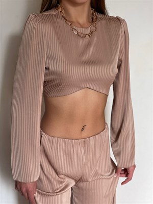 Fitilli Crep Kumaş Beli Lastikli Pantolon Crop İkili Takım 