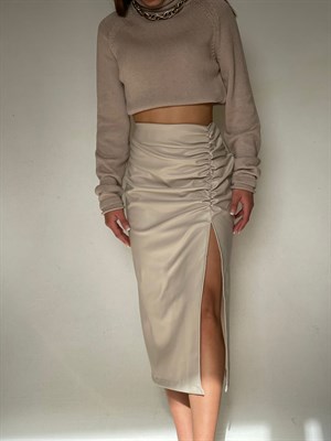 Drapeli Yırtmaçlı Deri Kalem Etek