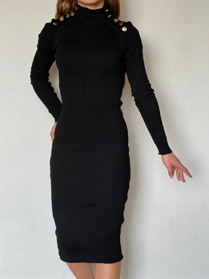 Fitilli Triko Kumaş Omuzlar Düğme Detay Kalem Elbise 