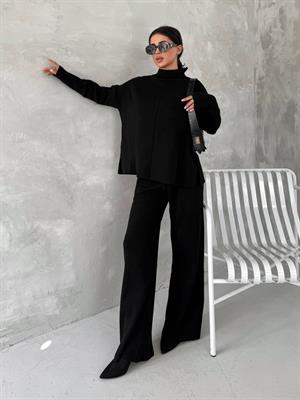 Fitilli Triko Yarım Balıkçı Pantolonlu İkili Siyah Takım