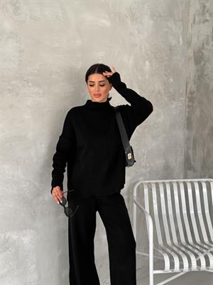 Fitilli Triko Yarım Balıkçı Pantolonlu İkili Siyah Takım