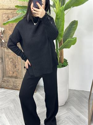 Fitilli Triko Yarım Balıkçı Pantolonlu İkili Siyah Takım