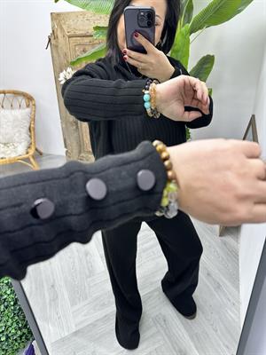 Fitilli Triko Yarım Balıkçı Pantolonlu İkili Siyah Takım