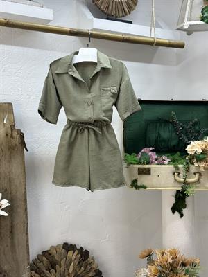 Flam Keten Gömlek Yaka Bel Ayarlı Şort Tulum