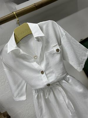 Flam Keten Gömlek Yaka Bel Ayarlı Şort Tulum