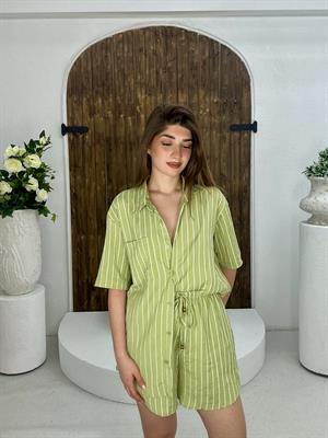 Flam Keten Kumaş Çizgi Desen Gömlek Şort İkili Takım Yeşil